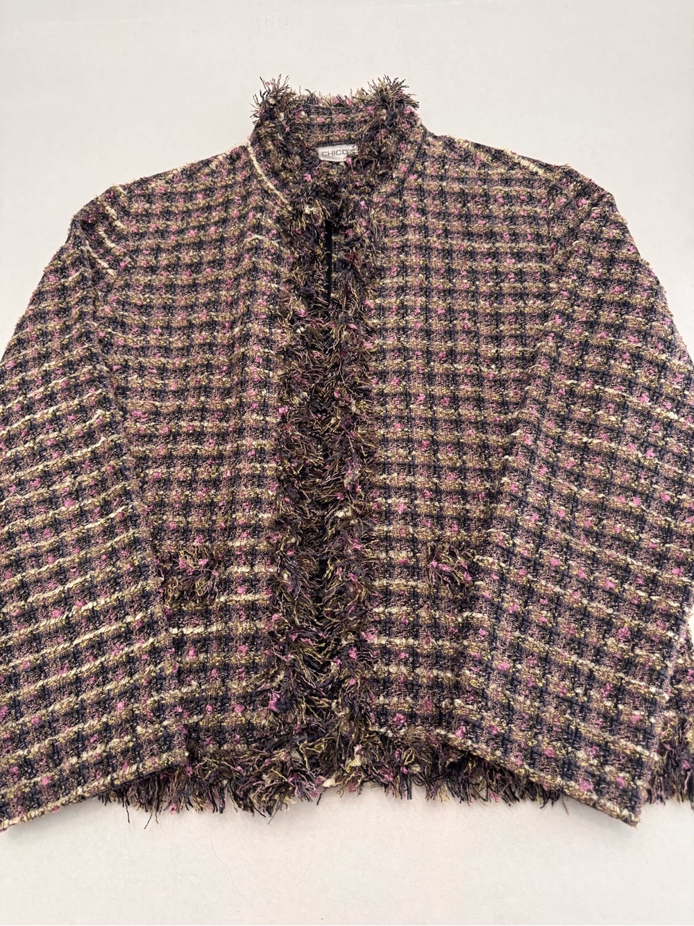 Chico’s Textured Tweed Open Front Blazer Purple Green Black Size 8 (Chico 1)